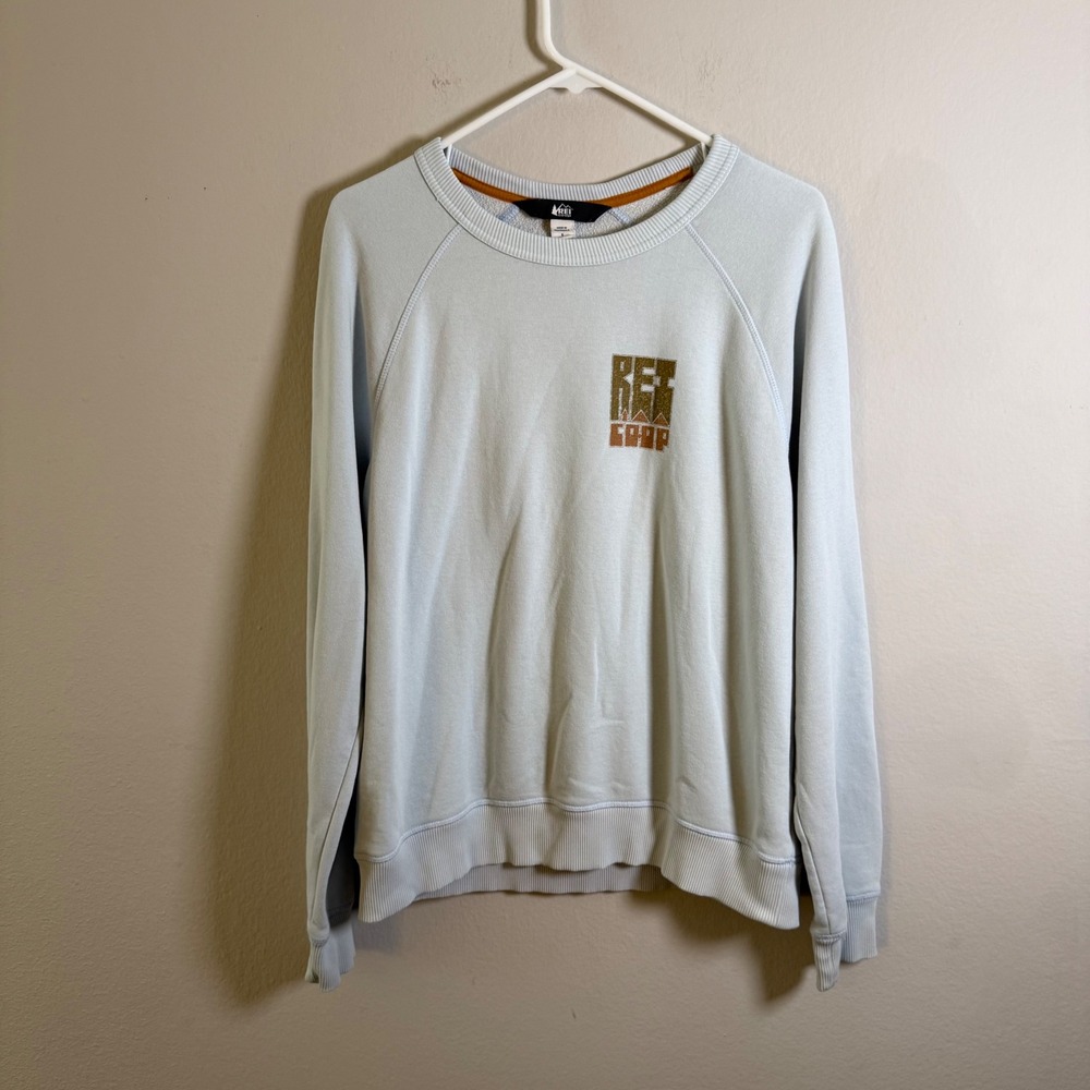 REI Co-op Mens Raglan Crew Neck Sweatshirt Light Blue Graphic Logo Size S